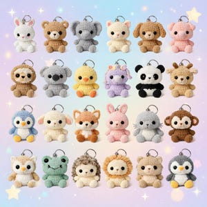Paquete de 24 mini amigurumis de animales en PDF, bonitos llaveros de animales, patrones de crochet fáciles de usar para principiantes.