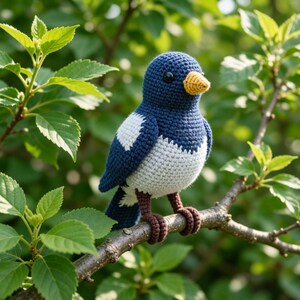 以下が含まれることがあります： 青い頭と翼、白い胸、黄色いクチバシを持つ手作りのかぎ針編みの鳥。 鳥は、背景に緑の葉がある茶色の枝に止まっています。 鳥の足は茶色です。