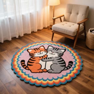 Könnte beinhalten: Ein runder, farbenfroher Teppich mit zwei sich umarmenden Zeichentrickkatzen. Die Katzen sind orange und grau mit schwarzen Streifen, vor einem rosa Hintergrund. Der Teppich hat einen gewellten Rand mit blauen, gelben und orangenen Akzenten. Der Teppich liegt auf einem Holzboden.