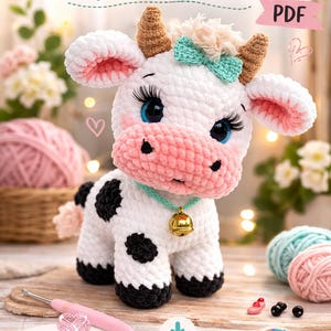May include: A crocheted amigurumi cow with a white body, black spots, and pink accents. The cow has large blue eyes, eyelashes, and a mint green bow. The text "CUTE COW Amigurumi Crochet Pattern" is at the top. The image also includes the text "Step-by-Step Instructions", "Instant Download", and "Beginner Friendly".