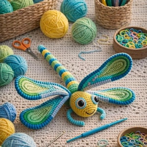 May include: A crocheted dragonfly with blue, green, and yellow wings and body, surrounded by yarn balls in various colors, crochet hooks, scissors, and small wooden bowls with colorful rubber bands. A craft-themed image.