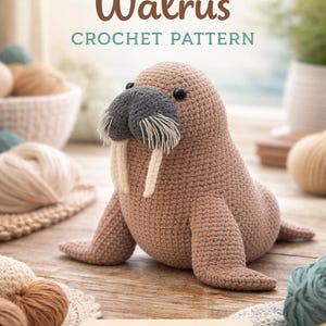 May include: A crocheted amigurumi walrus in shades of brown, gray, and cream. The walrus has a textured body, a gray snout with white tusks, and black eyes. The image includes text that reads "Amigurumi Walrus Crochet Pattern PDF Tutorial."