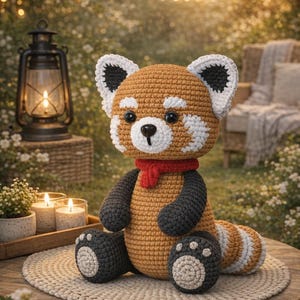 May include: A handmade crochet red panda plush toy with a red scarf, sitting on a round, beige mat. The plush has a brown body, black paws and arms, and white and black accents on its head. The background includes a lantern and candles.