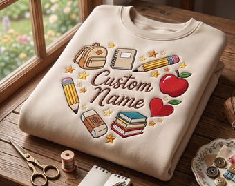 Custom Name Embroidered Teacher Sweatshirt Personalized Classroom Crewneck School Staff Gift Preschool Kindergarten Educator Apparel