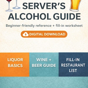 以下が含まれることがあります： 「サーバー向けアルコールガイド」というタイトルのデジタルダウンロード。ガイドには、リキュールの基本、ワインとビール、レストランリストのセクションが含まれています。画像には、ワイングラスとビールジョッキのイラストが描かれています。