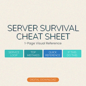 Peut inclure: Téléchargement numérique intitulé "SERVER SURVIVAL CHEAT SHEET". Le texte bleu et turquoise sur fond crème comprend "1-Page Visual Reference" et quatre boîtes colorées avec le texte "SERVICE LOOP", "TOP MISTAKES", "QUICK REFERENCE" et "IF THIS DO THIS".