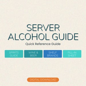 Peut inclure: Un téléchargement numérique intitulé "SERVER ALCOHOL GUIDE" avec le sous-titre "Quick Reference Guide". Le guide présente des cases colorées avec les mentions "SPIRITS GUIDE", "WINE & BEER", "SHELF BRANDS" et "FILL-IN SHEET". Un bouton orange indique "DIGITAL DOWNLOAD".
