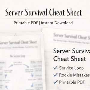 May include: A digital tablet and a printed sheet display the text "Server Survival Cheat Sheet". The sheet lists "Service Loop", "Rookie Mistakes", and "Printable PDF". A pencil rests on the side. The background is white.