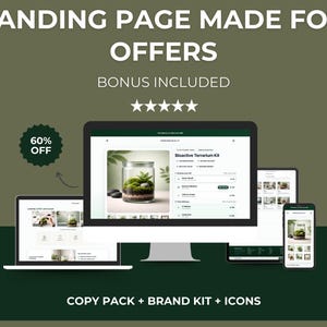 Puede incluir: Un anuncio de un servicio de diseño de páginas de destino. La imagen muestra una computadora de escritorio, una computadora portátil, una tableta y un teléfono inteligente que muestran un sitio web con un kit de terrario bioactivo. El texto incluye "LANDING PAGE MADE FOR OFFERS" y "60% OFF".