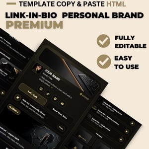 Op de afbeelding: Een digitaal marketing sjabloon met een donker thema, met de tekst "TEMPLATE COPY & PASTE HTML" en "LINK-IN-BIO PERSONAL BRAND PREMIUM." Het ontwerp bevat een gebruikersinterface met social media-iconen en de woorden "FULLY EDITABLE" en "EASY TO USE."