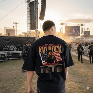 May include: A black short-sleeved shirt with a graphic featuring Kid Rock, an American flag, and the text "250 Years in the Making." The shirt also lists tour dates. The image is taken at an outdoor concert.