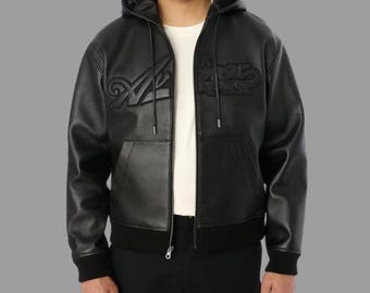 Avirex Black Leather Bomber Jacket Hoodie Genuine Cowhide Leather Biker Jacket Streetwear Fashion Hoodie Avirex Outfit Gift for him