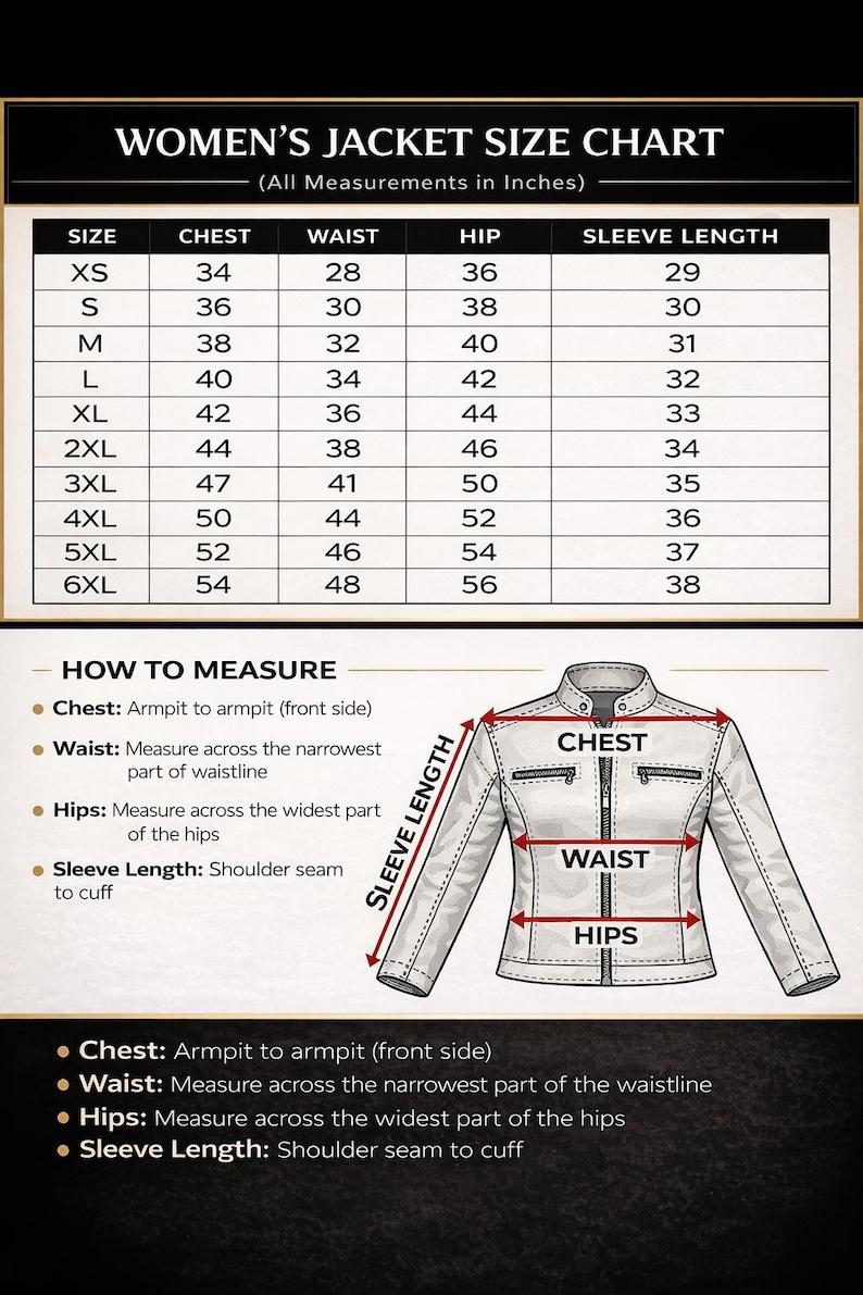 K&ouml;nnte beinhalten: Gr&ouml;&szlig;entabelle f&uuml;r Damenjacken mit Ma&szlig;en in Zoll. Gr&ouml;&szlig;en von XS bis 6XL, mit Brust-, Taillen-, H&uuml;ft- und &Auml;rmell&auml;ngen. Diagramm zur Messung von Brust, Taille, H&uuml;fte und &Auml;rmell&auml;nge.