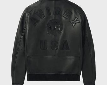 Herren Avirex Black Real Bomber American Fliegerjacke 100% Lammfell Lederjacke