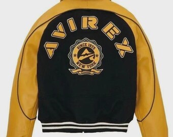 Avirex Lederjacke Schwarz Gelb | Bomberjacke aus Leder | 1975 Avirex-Stil | Unisex Streetwear Jacke