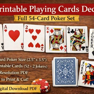 May include: A printable 54-card poker set with standard poker size (2.5" x 3.5"). The deck includes 52 cards and 2 jokers. The image shows the Ace of Spades, Ace of Hearts, 2 of Hearts, King of Diamonds, Queen of Clubs, and a Joker card.