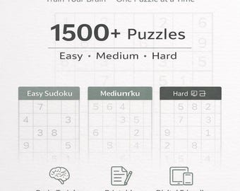 Pacchetto di oltre 1500 puzzle di Sudoku - Facile, Medio e Difficile / Giochi di Sudoku in PDF stampabili / Download digitale