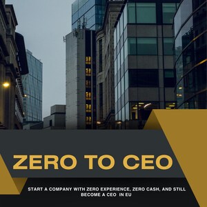 Könnte beinhalten: Buchcover mit dem Titel "ZERO TO CEO" in großen gelben Buchstaben. Der Text darunter lautet "START A COMPANY WITH ZERO EXPERIENCE, ZERO CASH, AND STILL BECOME A CEO IN EU". Der Hintergrund zeigt eine Stadtlandschaft.
