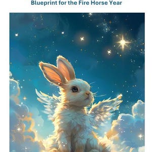 May include: Digital illustration of a white rabbit with angel wings, perched on a cloud against a starry blue sky. The image includes text: "Unlocking Your 2026 Fortune: A Rabbit's Blueprint for the Fire Horse Year."