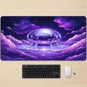 May include: A rectangular mouse pad featuring a surreal, purple-toned landscape with a floating, translucent, dome-shaped object. The design includes stylized clouds and a starry sky. A black keyboard, white mouse, and USB receiver are below.