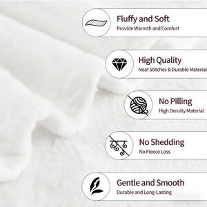 May include: Close-up of a white, fluffy blanket. Text on the right highlights features: Fluffy and Soft, High Quality, No Pilling, No Shedding, and Gentle and Smooth. The blanket appears to be made of a soft, durable material.