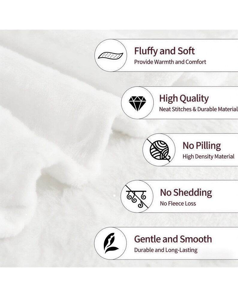 May include: Close-up of a white, fluffy blanket. Text on the right highlights features: Fluffy and Soft, High Quality, No Pilling, No Shedding, and Gentle and Smooth. The blanket appears to be made of a soft, durable material.