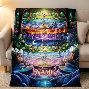 May include: A rectangular fleece blanket featuring a vertical sequence of nine Eevee evolution characters set in distinct elemental landscapes, including forest, water, fire, and ice themes. The word NAME is printed in a stylized font at the bottom.