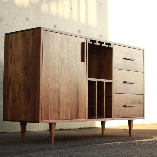 Davis Wine Bar, 3 Drawers, Handcrafted Solid Wood, Bottle Storage, Modern (shown in walnut)
