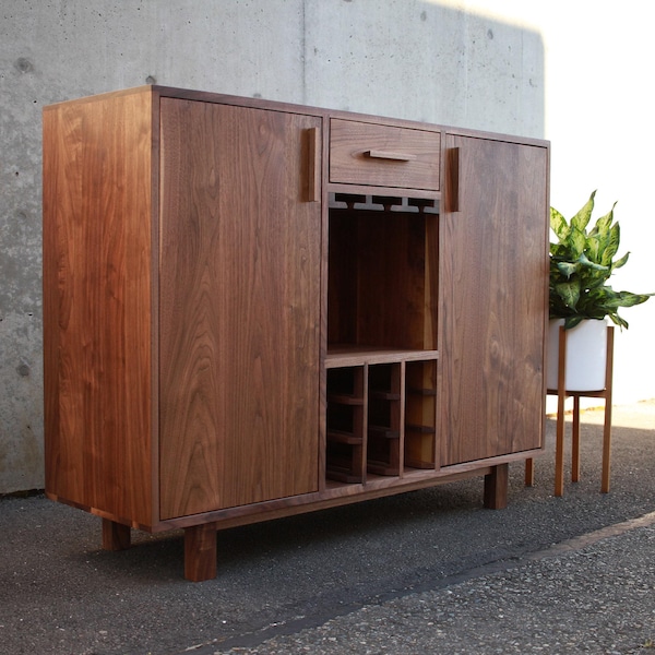 Mini Deller Wine Bar, 50"W, Solid Hardwood, Handmade, Modern Liquor Cabinet (shown in walnut)