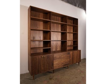 Gilles Hutch, 3 Drawers, 88"W, Handcrafted Solid Wood Modern Wall Unit (shown in walnut)