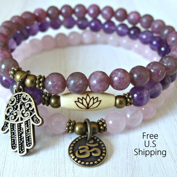Yoga set of 3, Amethyst, Lepidlite, Rose Quartz, mala bracelet, Meditation mala set, Namaste bracelet,om bracelet, Lotus Bracelet. Hamsa