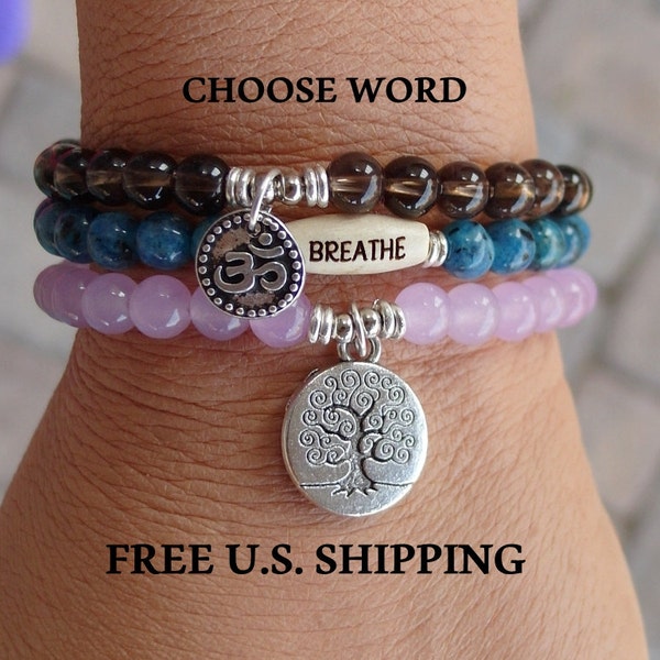 Yoga set of 3, Smoky Quartz, Lavender Jade, spot Jasper, mala bracelet, Meditation mala set, Namaste bracelet,om bracelet, tree of life mala