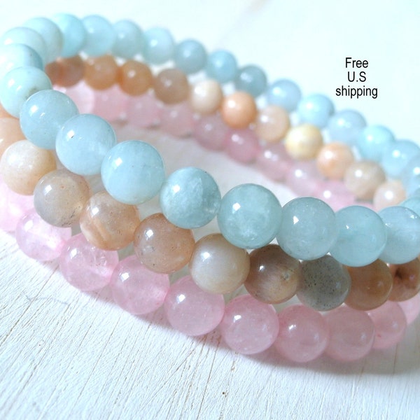 Moonstone, Aquamarine, Rose quartz, set of 3, Yoga bracelets, bracelet set, Reiki bracelets, stacking, Moonstone bracelet, malas