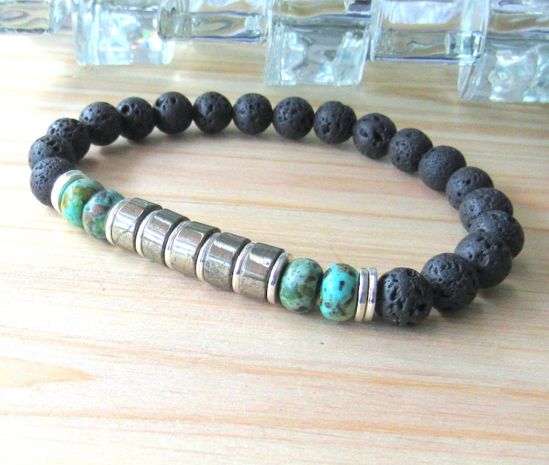 green jewerly lava bracelet african turquoise Men/'s bracelet reiki bracelet tribal bracelet healing Pyrite bracelet silver black