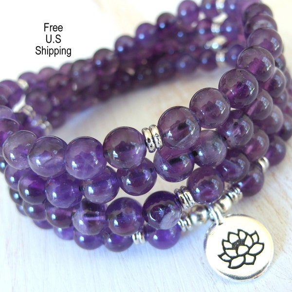 Amethyst, 108 mala,Om, Mala Bracelet or Necklace,Reiki charged, Buddhist Rosary, Prayer beads, Gemstone, wrist mala, Lotus, buddha, ohm, om