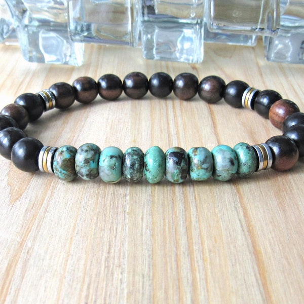 Positive change, Mens African Turquoise, ebony wood, tribal bracelet, wood mala, bracelet mala, Yoga, Reiki, energy bracelet, tribal, Mala