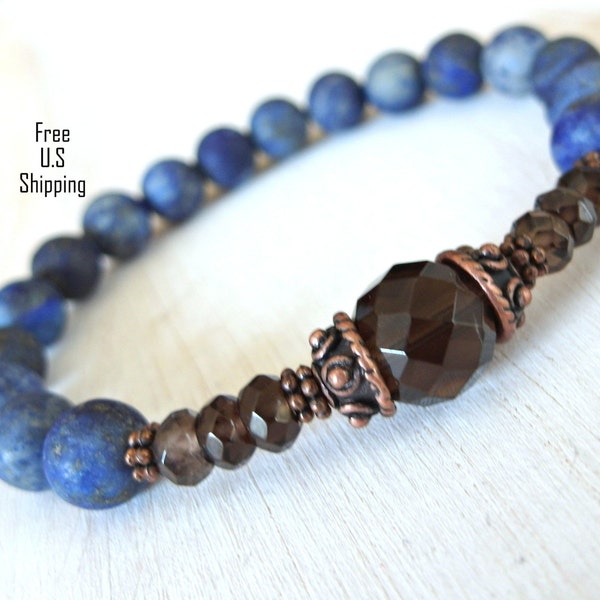 Positivity, Matte Lapis Lazuli, Smoky Quartz, Quartz bracelet, mala, buddhist bracelet, Yoga bracelet, Reiki Charged, lapis lazuli mala