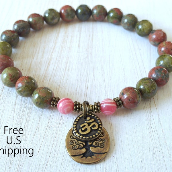 Rebirth Unakite, rhodochrosite,Tree of life, Om meditation Yoga bracelet, Energy bracelet, wrist mala, Ohm mala, Reiki Charged