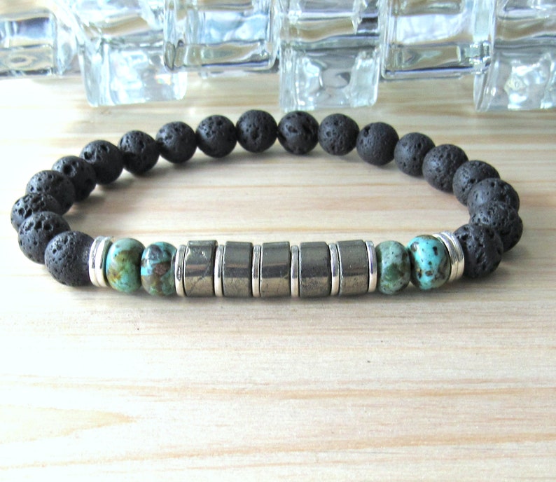 green jewerly lava bracelet african turquoise Men/'s bracelet reiki bracelet tribal bracelet healing Pyrite bracelet silver black