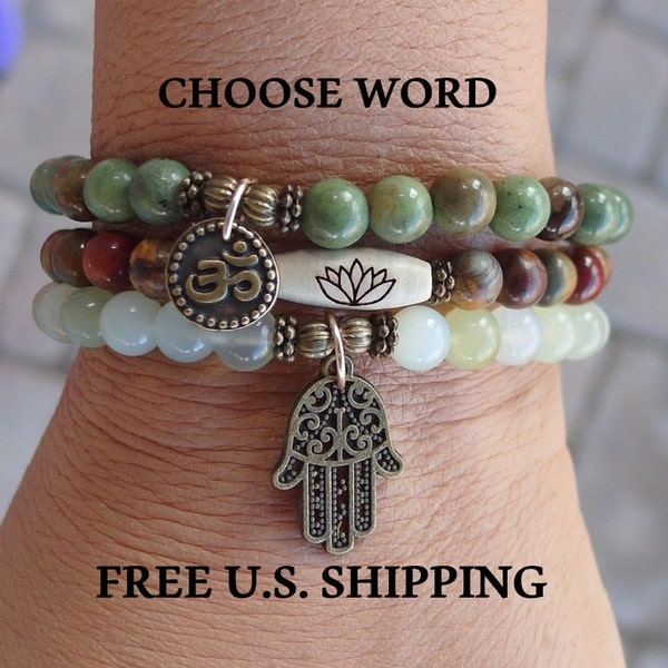 Yoga set of 3, Opal, Serpentine, Picasso Jasper, mala bracelet, Meditation mala set, Namaste bracelet,om bracelet, Lotus Bracelet. Hamsa