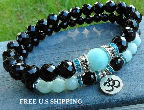Items similar to Calming Amazonite Set of 2 Yoga bracelets, fine silver ...