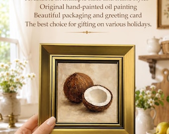 Small Oil Painting, Coconut Kitchen Wall Art, Original Framed Food Still Life, Mini Fruit Decor, Cottage Farmhouse Gift