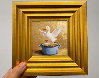 Original Hand Painted Miniature Oil Painting: Duck in Pot, Canvas Artwork - Animal Art for Home & Nursery, Unique Gift for Pet Lovers.