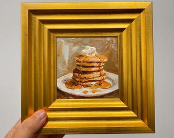 Original Pancake Oil Painting Mini Food Art Breakfast Wall Decor Small Framed Artwork Kitchen Gift Dessert Painting