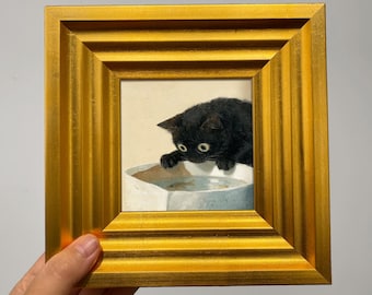 Schwarze Katze Trinkgewasser Malerei Original Kunst Süße Katze Wand Dekor Kleines gerahmtes Ölgemälde Katzenliebhaber Geschenk Mini Katze Kunstwerk