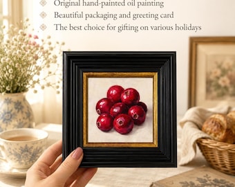 Small Oil Painting Cranberry Kitchen Wall Art, Original Framed Red Berry Still Life, Mini Food Art, Cottage Farmhouse Decor