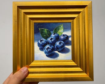 Mini Blueberry Oil Painting Framed Original Art Small Fruit Painting Kitchen Wall Decor Tiny Still Life Gift