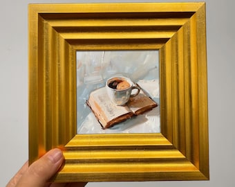 Original Oil Painting: Coffee Cup on Book, Framed Desk Decor, Tiny Canvas Wall Art