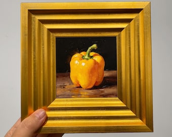 Mini gele peper olieverfschilderij originele kunst kleine groente schilderij keuken muur decor klein stilleven eten kunst cadeau