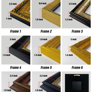 May include: Image showing frame size details. Includes close-up views of eight different picture frames, with measurements in inches. The frames vary in color and style, including gold, black, and brown. The text "Frame Size Details" is at the top, with labels for each frame.